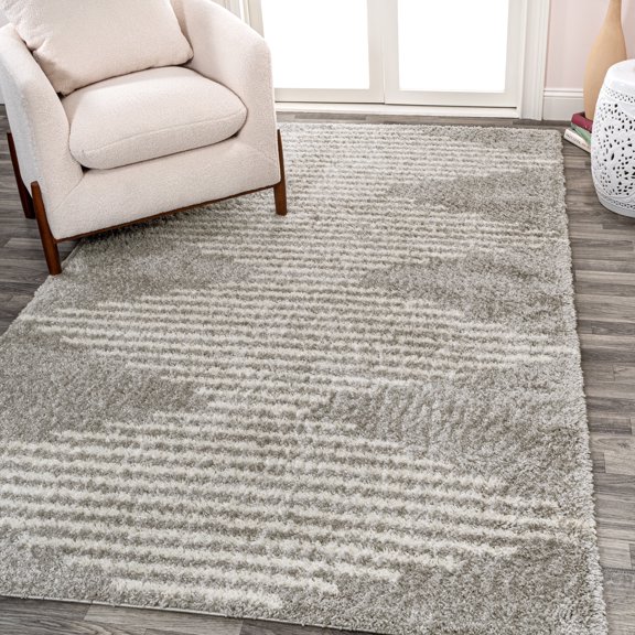 JONATHAN Y MOROCCAN HYPE 3 x 5 Area Rug, Elm Diamond Stripe Geometric Shag - Gray/Ivory, MOH408B-3