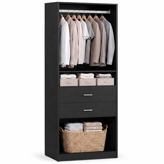 78.7" Tall Closet Organizer System with Drawers, Wood Freestanding Wardrobe with Hanging Rod and Open Shelf, Modular Walk-in Closet Storage Unit for Small Spaces