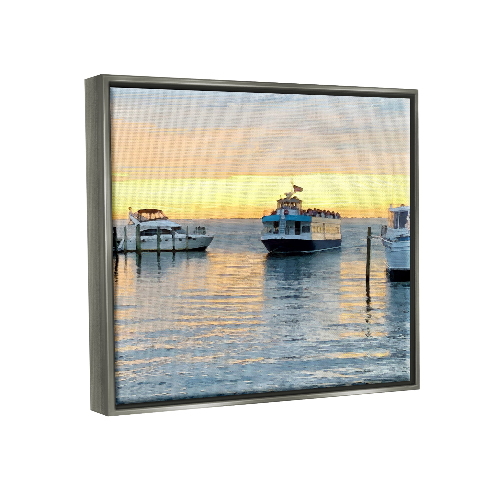 Stupell Industries Ferry Boat Sunlit Sea Harbor Coastal Photography Gray Floater Framed Art Print Wall Art