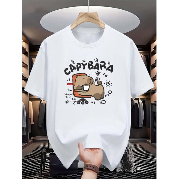 Men's Capybara Graphic Tee - Casual & Comfortable Short Sleeve Cotton T-Shirt, Machine Washable, Relaxed Fit for Casual Attire, Everyday T-shirt | Cartoon Animal Design | Cotton Blend Tee, Comfy Tee