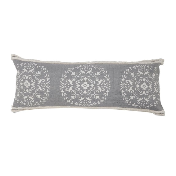 Ox Bay Casual Mandala Medallion Lumbar Pillow with Tufted Border, 14" x 36" , Gray , White