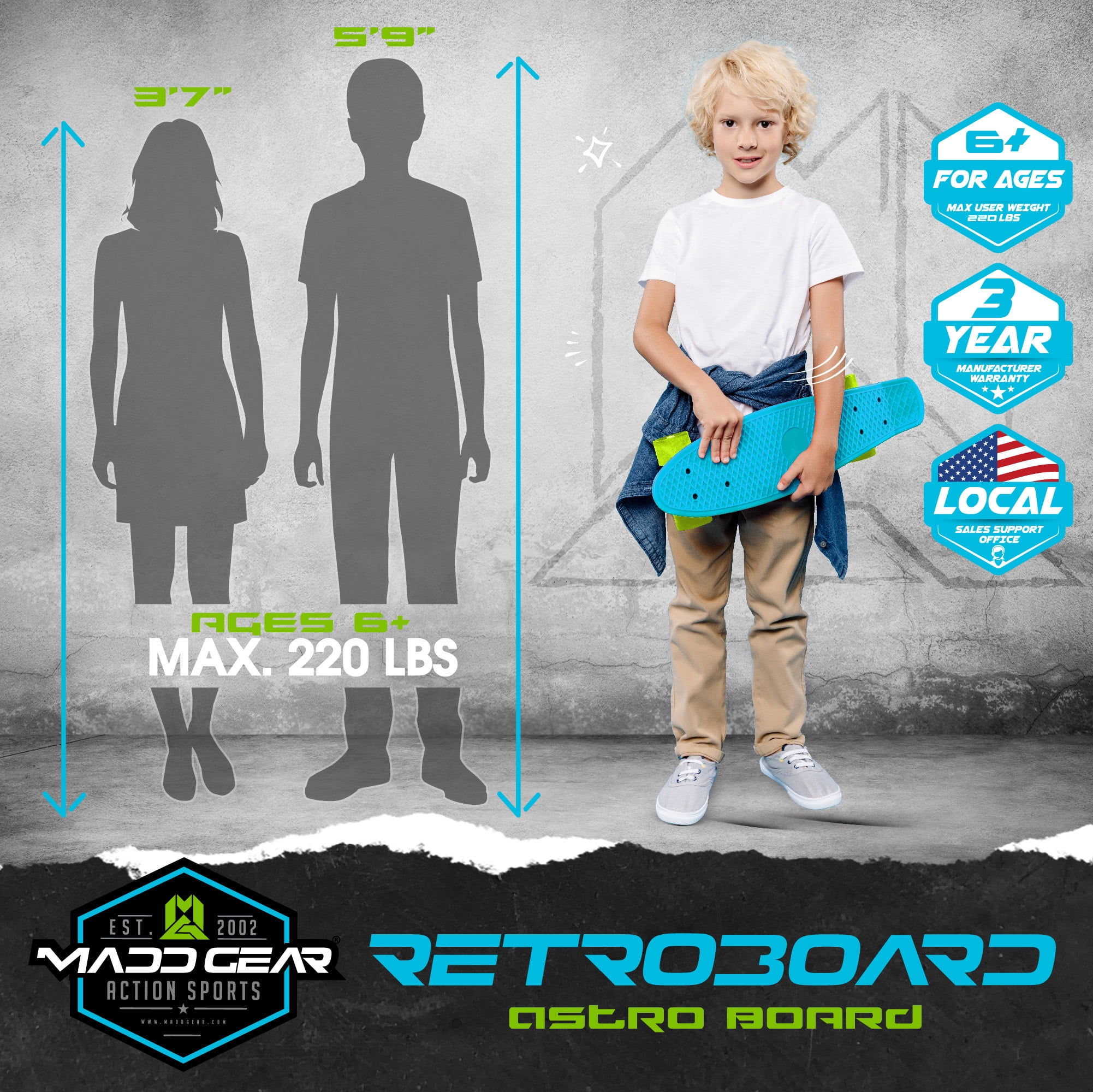 Madd Gear 22" Retro Beginner Skateboard Mini Cruiser- 62 mm Wheels Beginner Penny Style Board