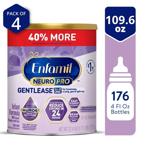 Enfamil NeuroPro Gentlease Baby Formula, Infant Formula Nutrition, Brain Support that has DHA, HuMO6 Immune Blend, Designed to Reduce Fussiness, Crying, Gas & Spit-up in 24 Hrs, 27.4 Oz, 4 Cans