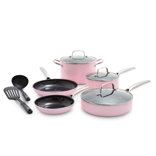 Juego de utensilios de cocina antiadherentes Blue Diamond de 10 piezas. Ollas y sartenes de cerámica Diamond, aptas para lavavajillas y utensilios de metal, no tóxicas y sin PFAS. Ideales para cocinar
