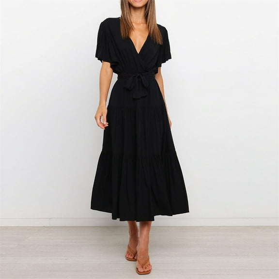 QLEICOM Women's Summer Wrap V Neck Floral Print Dress Women Short Sleeve Ruffle Beach Loose Dress Plus Size Flowy High Low Maxi Dress Bohemian Beach Dress with Belt White L