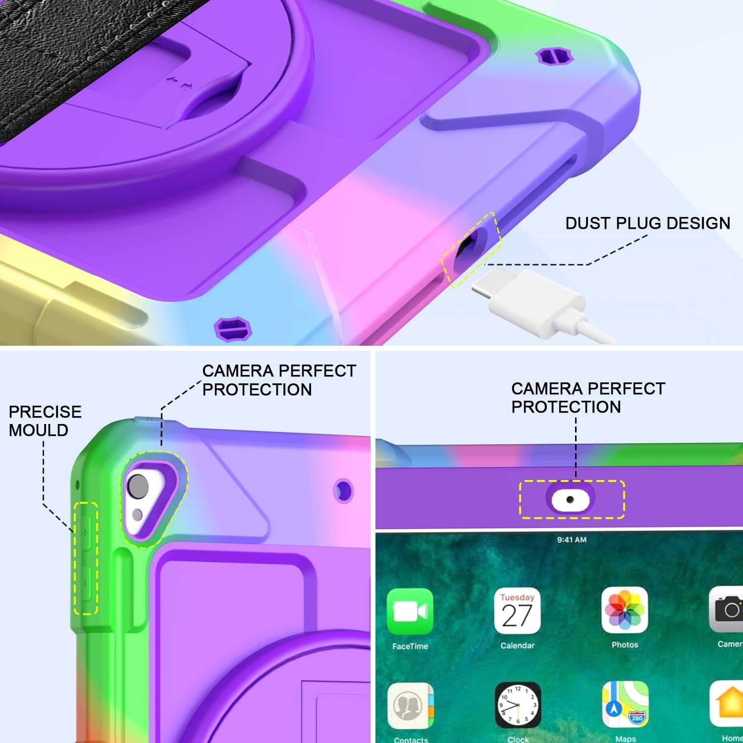 SUPNICE Rugged Case for iPad 9.7 Inch 2018/2017, 3 Layer Hybrid Shockproof [360 Rotating Stand] [Hand Strap] [Pencil Holder] Kids Case, iPad 6th Generation Case, iPad 5th Generation Case, Purple