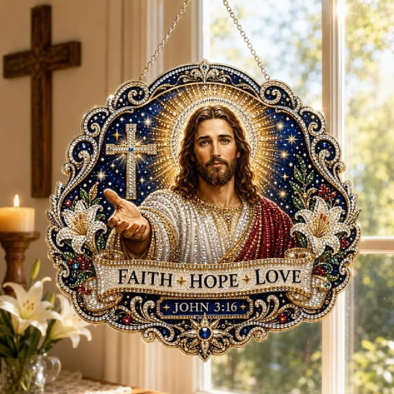 romoty Jesus Diamond Art Hanging Sign Kit 5D DIY Round Gem Painting Faith Hope Love Christian Wall Decor for Adults Beginners
