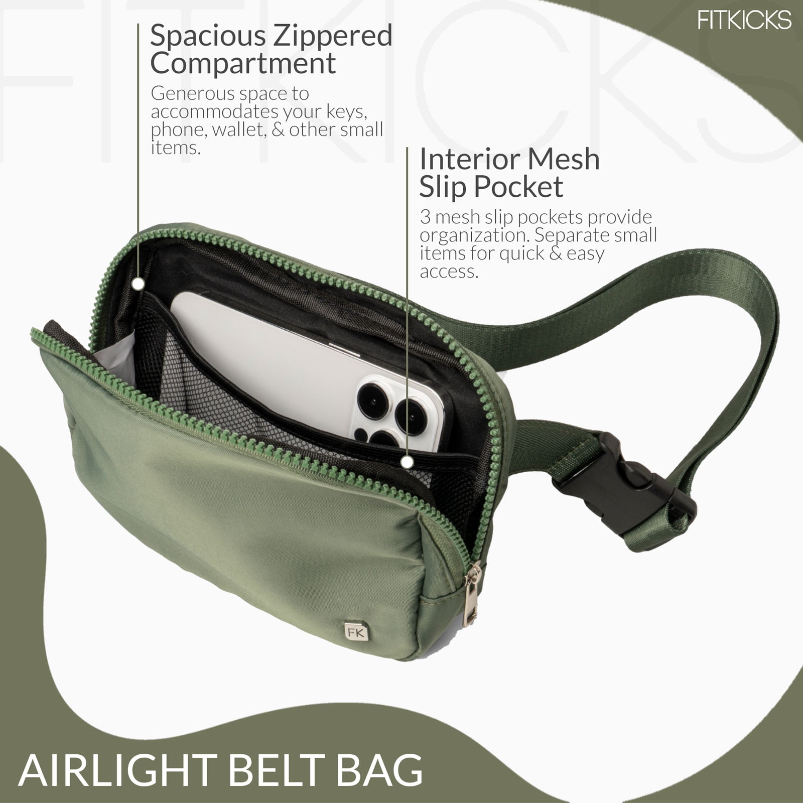 FITKICKS Airlight Belt Bag Lightweight Fanny Pack, Waist Pouch with Adjustable Strap - Green