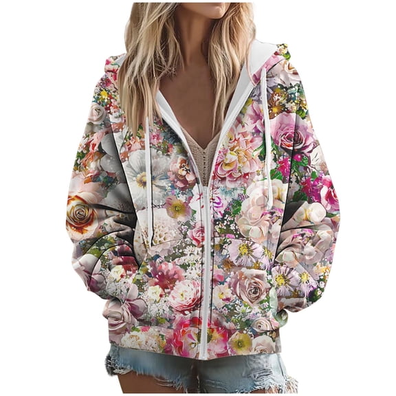 Women's Full Zip Hoodies Trendy Floral Printing Casual Hooded Sweatshirts Long Sleeve Hooded Jackets Tops Loose Sweatshirt Outwears Fashion Outfits Fall Winter Clothes