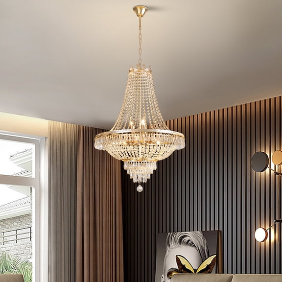 Elegant Modern Golden Crystal Chandelier Ceiling Light – 9 Bulbs E12 (Not Included), 24" Diameter, for Kitchen, Living Room & Bedroom
