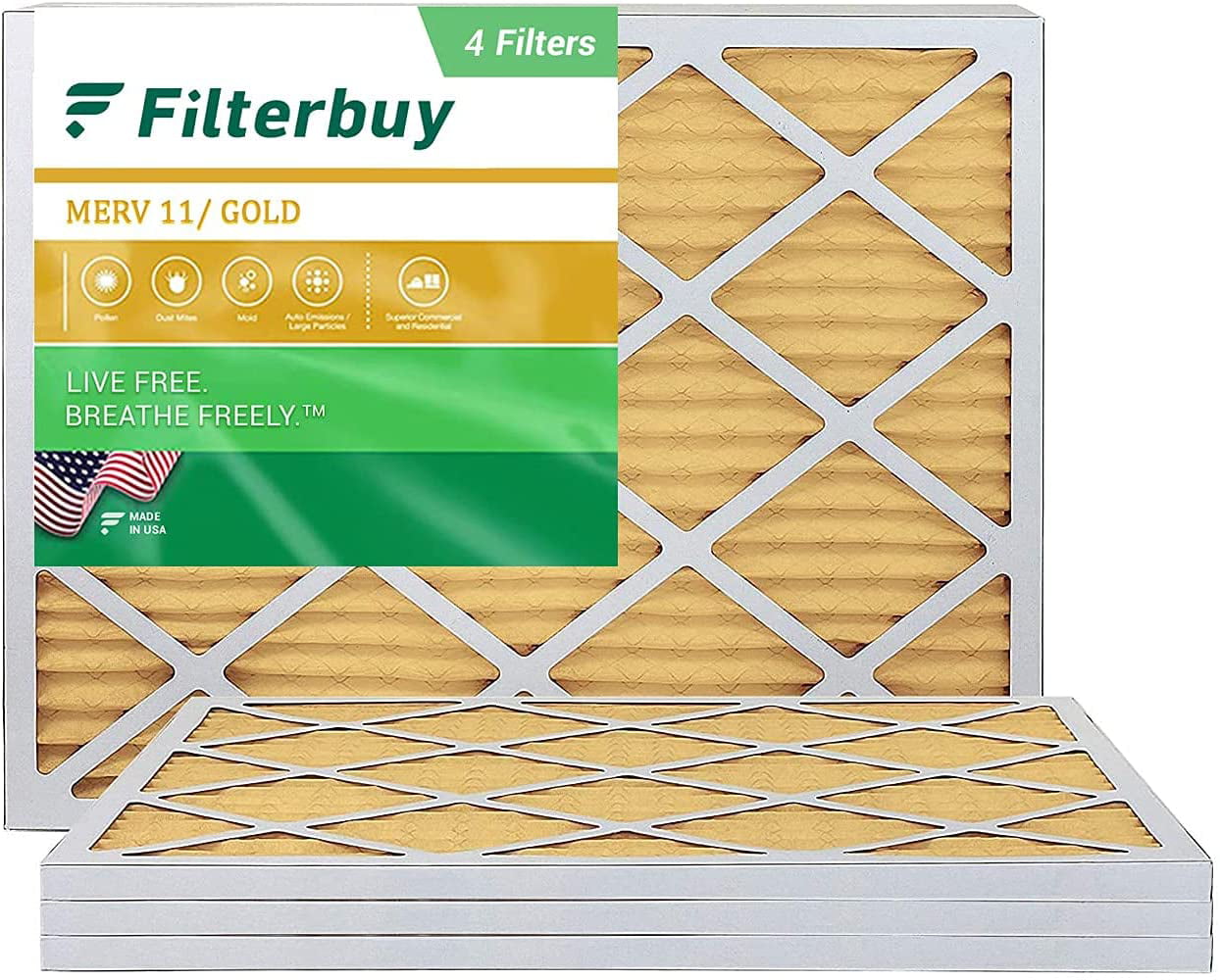 Pleated HVAC AC Furnace Filters Filterbuy 20x25x1 Air Filter MERV 11 2-Pack, Gold 