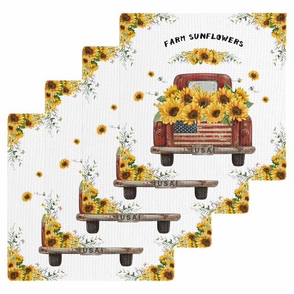 Sunflower Truck Kitchen Dish Towels for Drying Dishes Set of 4, Yellow Flowers Summer Botanical Watercolor Waffle Weave Microfiber Hand Tea Bathroom Towels Quick Dry & Absorbent Towel 12x12