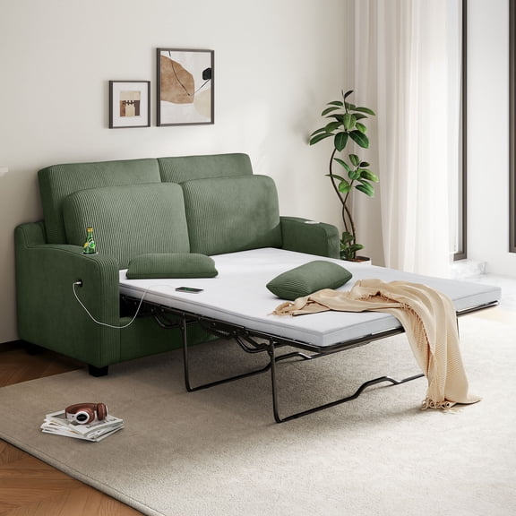 LINSY HOME Pull Out Sofa Bed, 2-in-1 Convertible Sleeper Couch with Memory Foam Mattress, Two Seat Loveseat Sleeper Sofa Bed for Living Room, Green, Full Size