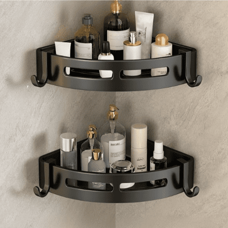 Djiypn 2 Pack Corner Shower Shelves Aluminum Stick On Showers Organizer Modern Style Triangular Corner Shelf No Drilling Required Shower Shelf Bathroom Decor (Black)