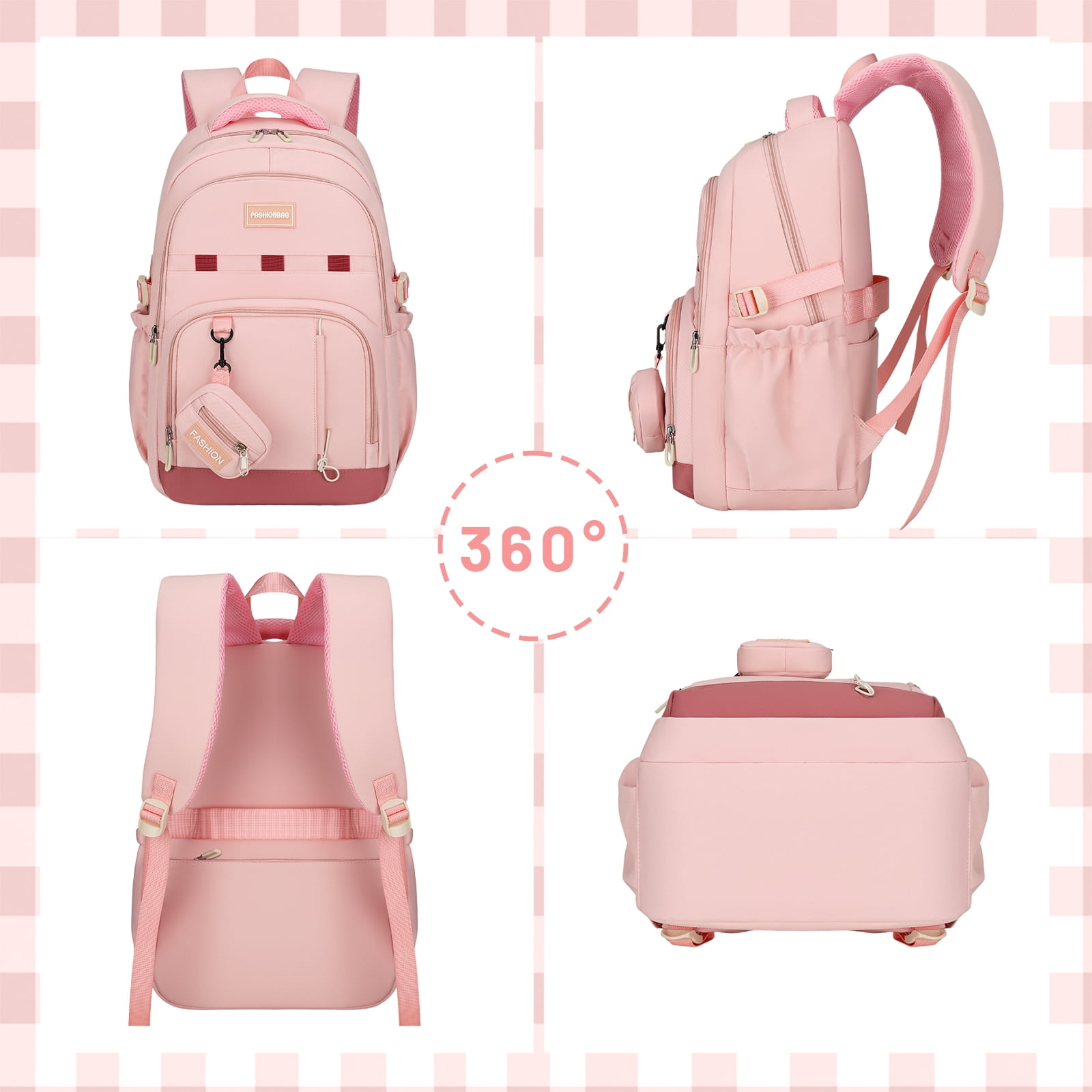 DAKIMOE School Backpack for College High Middle School Fashion Student Bag Cute Aesthetic Teen Bookbag for Teens Women Kids Girls Pink