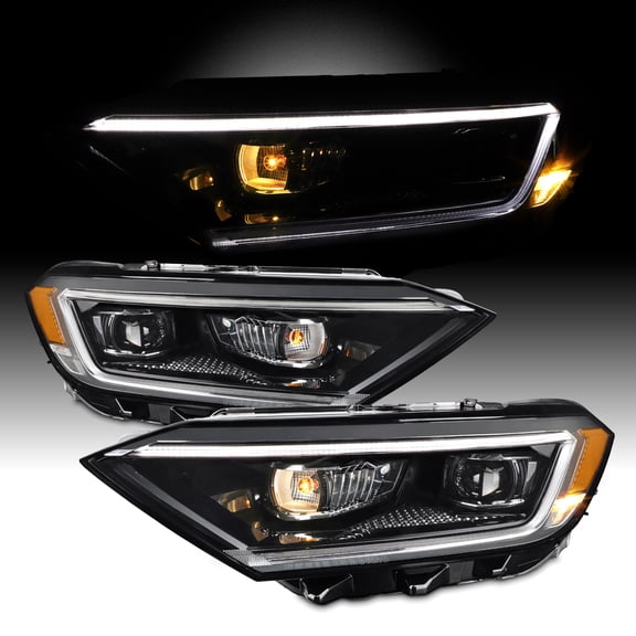 AKKON - Fits 2019 2020 2021 Volkswagen Jetta LED Tube DRL Running Lamp Projector Black Headlights Pair Driver Passenger