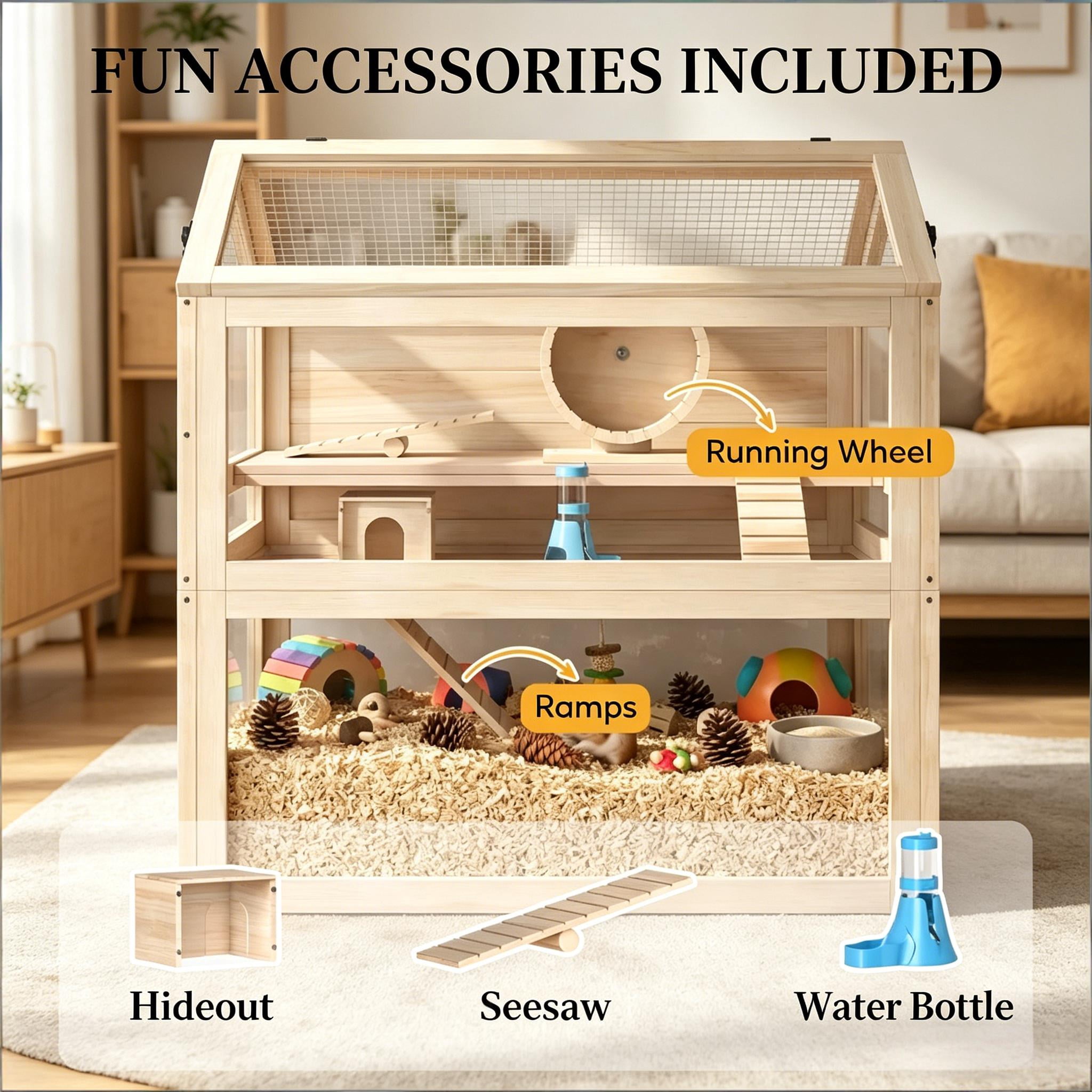 Spacious Small Animal Cage, Wooden Hamster Cage Pet Cage