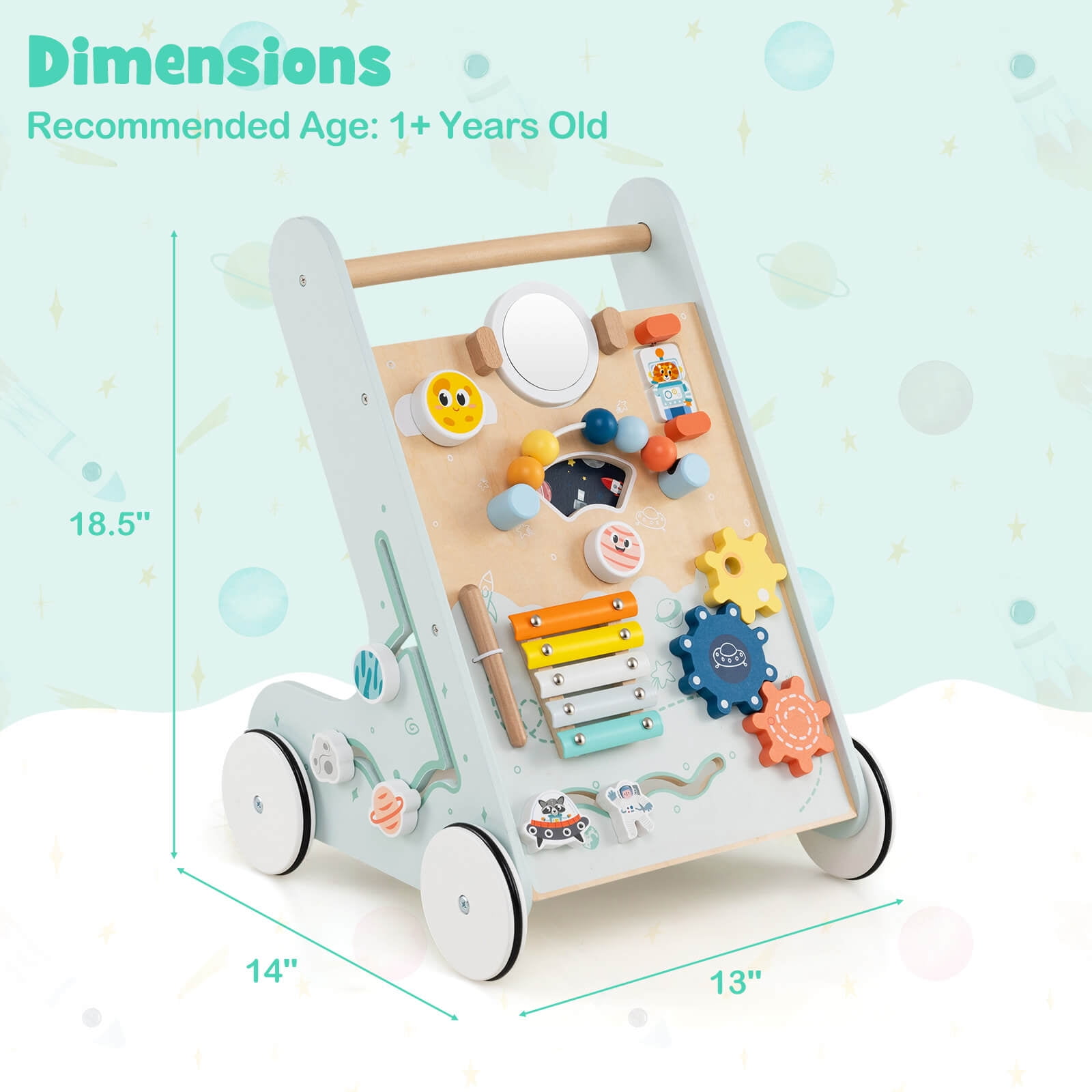 Infans Wooden Baby Walker Push and Pull Learning Activity Center with Wheels Push Toy