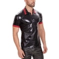 thumbnail image 3 of Men Shiny Patent Leather Polo Shirt, Short Sleeve, Male Soft Leather Casual Tops, 3 of 7