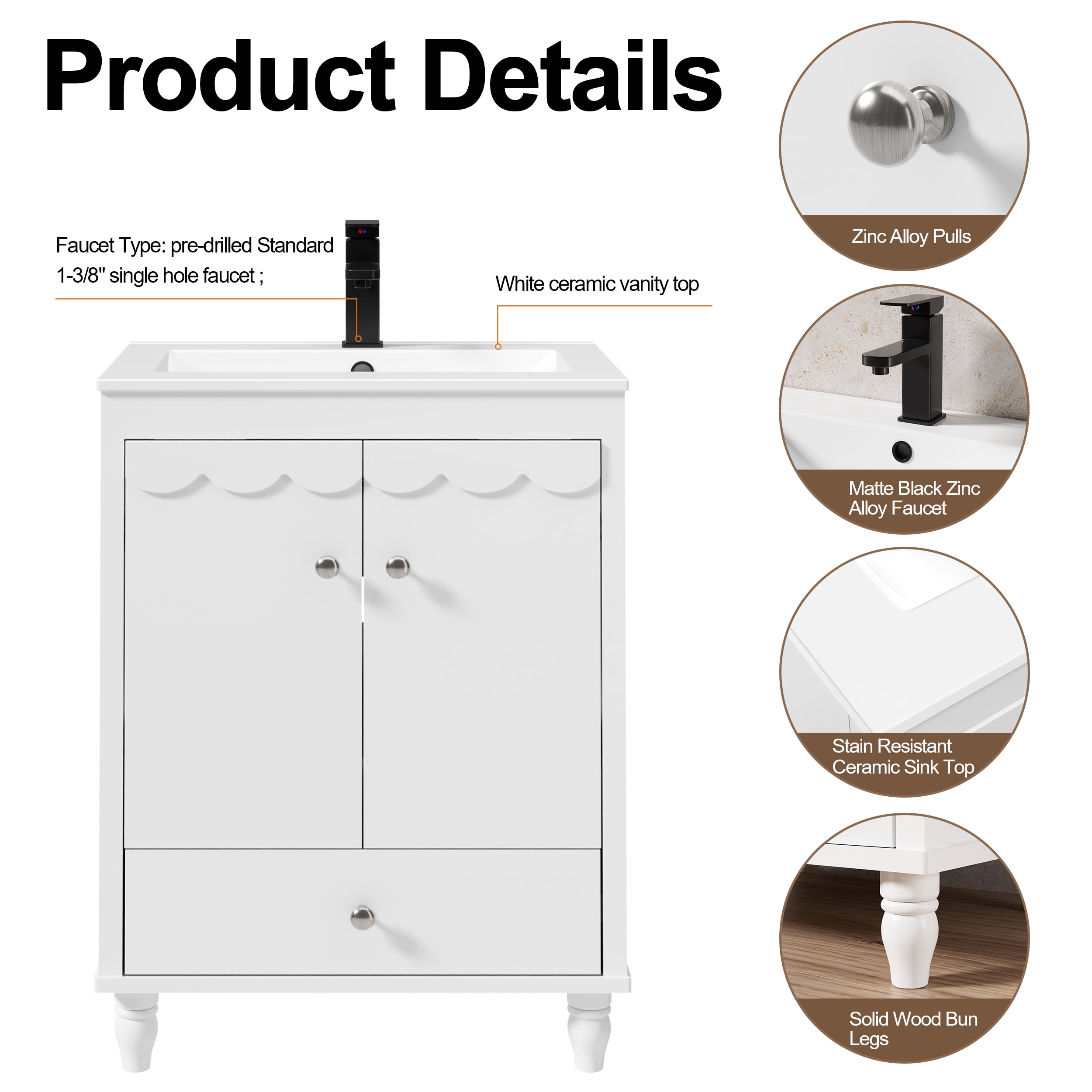 24" Single Bathroom Vanity with Ceramic Sink Top, Faucet, Decorative Wavy Edge
