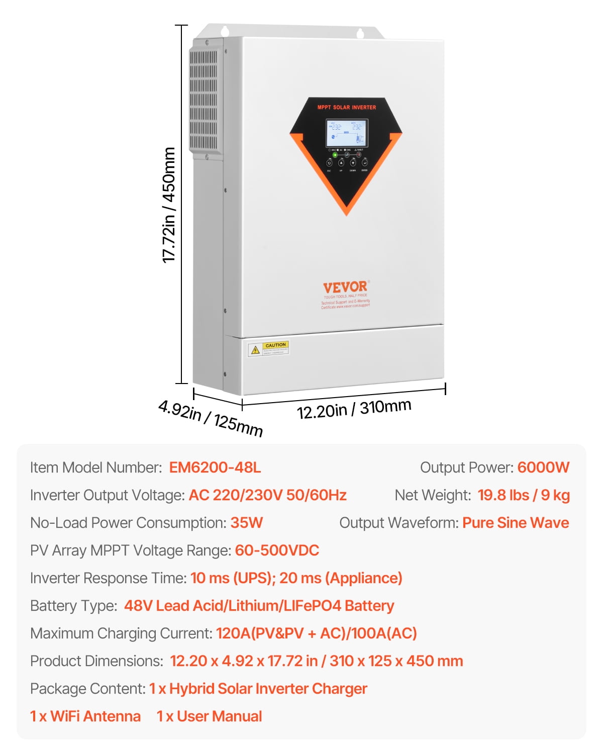 VEVOR Hybrid Solar Inverter, 6000W, All in One Pure Sine Wave Power Inverter Charger, 48V DC to 220/230V AC, with Built-in 120A MPPT Solar Controller, for off-Grid System Lead Acid Lithium Battery
