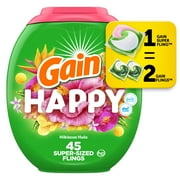 Gain Super Sized Flings Laundry Detergent Pacs, 3-in-1 Detergent Pacs with Febreze and Oxi, Happy Scent, 45 Count
