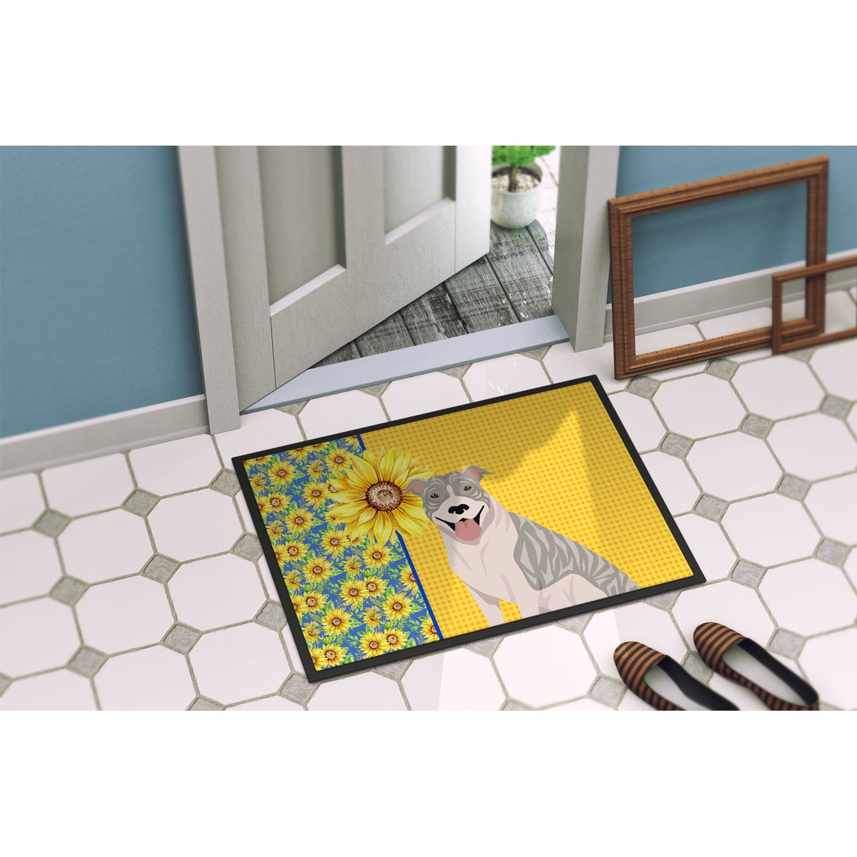 Carolines Treasures WDK5317JMAT 24 x 36 in. Summer Sunflowers Blue Brindle Pit Bull Terrier Indoor or Outdoor Mat