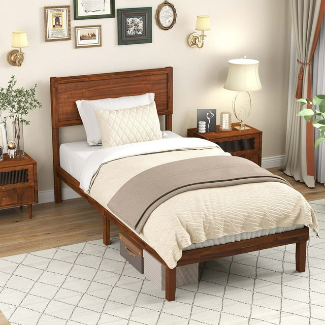 Gymax Twin Bed Frame w/ Rustic Headboard Under-bed Storage Space No Box Spring Needed
