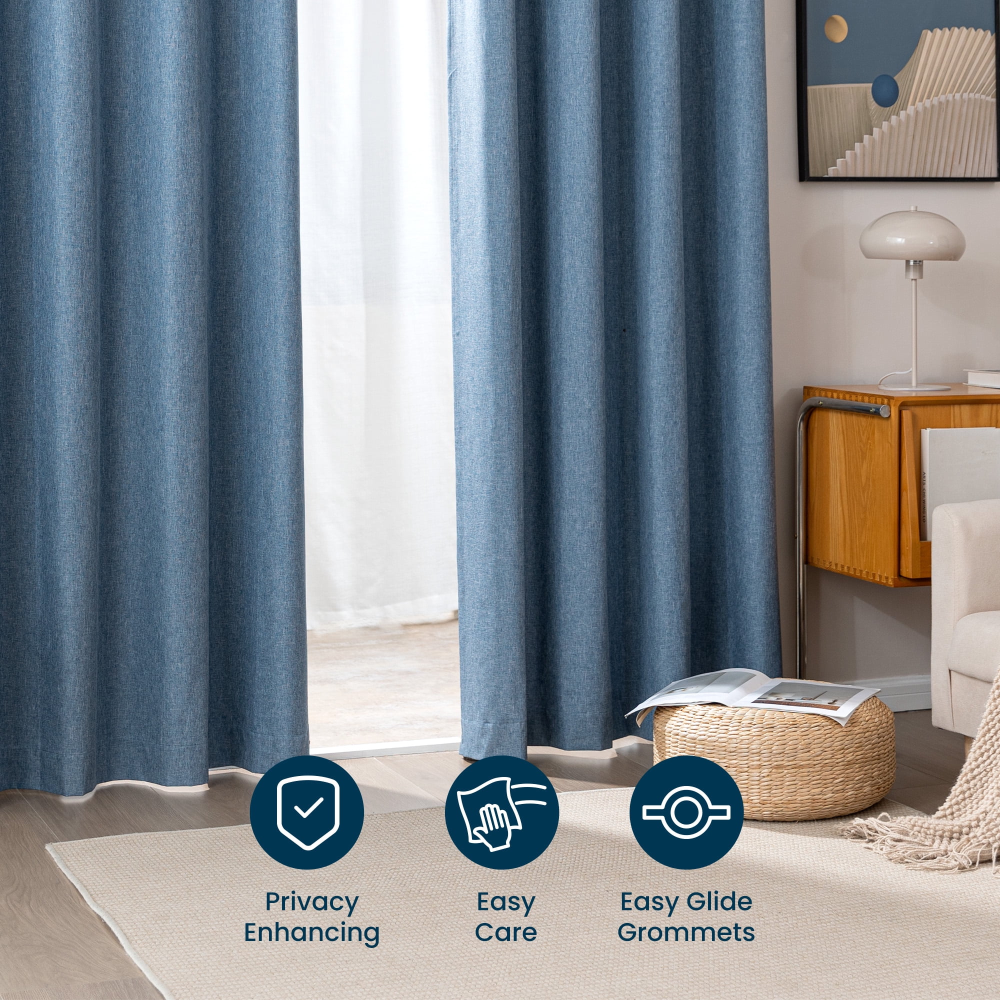 Sleep Zone Linen Look 100% Blackout Curtains for Bedroom Windows Living Room Darkening Thermal Insulated Drapes 2 Panels, 42" x 63" Blue