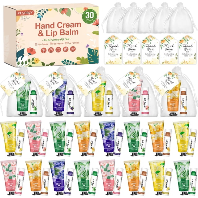 Set de regalo VESPRO, loción para manos y bálsamo labial, 30 juegos con bolsas