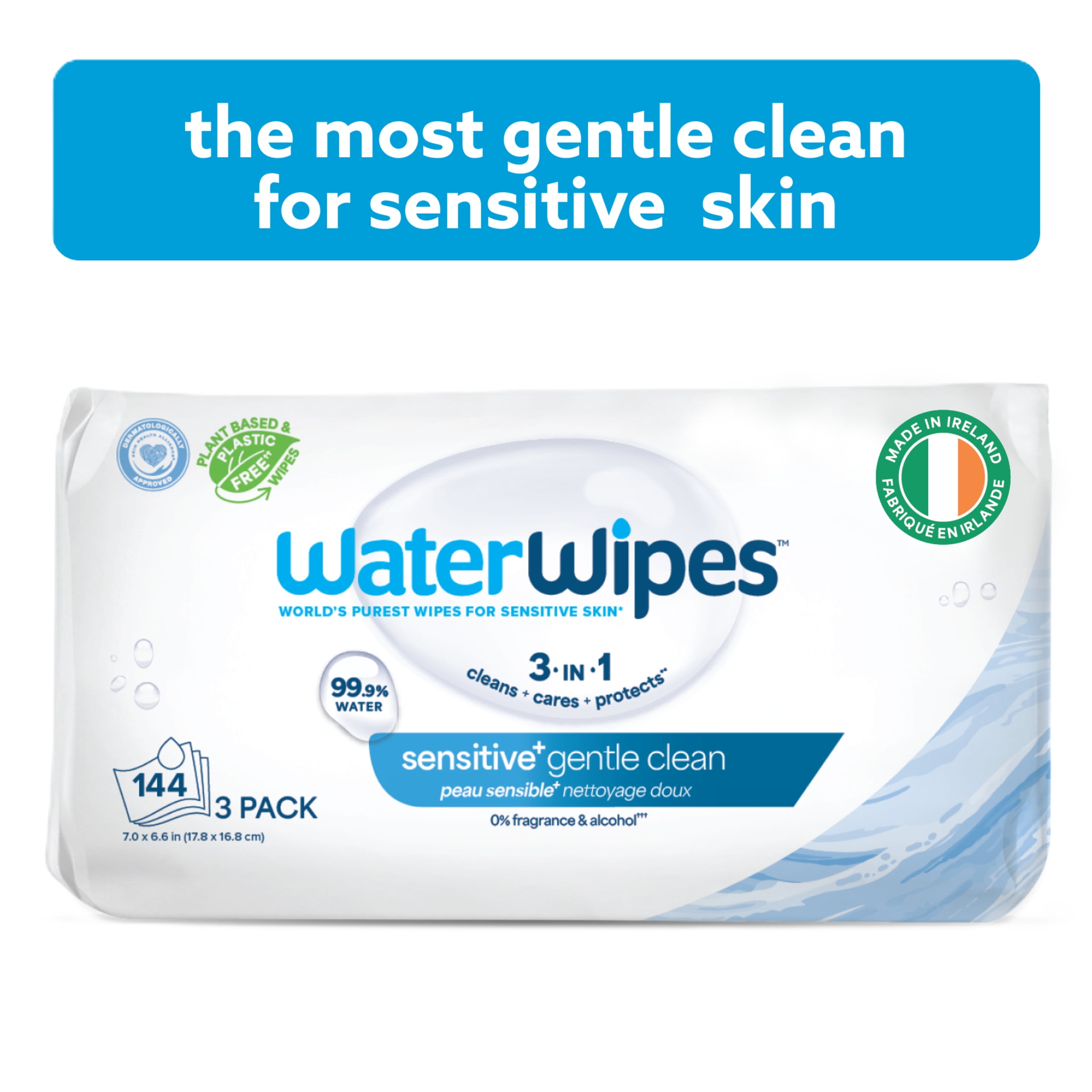 WaterWipes Sensitive+ Gentle Clean Wipes, 3-en-1 nettoie, soigne, protège, 99,9 % d'eau, non parfumées