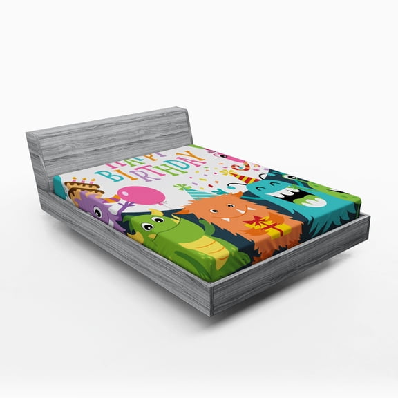 Ambesonne Birthday Party Fitted Sheet, Monster Birthday, Queen Size, Multicolor