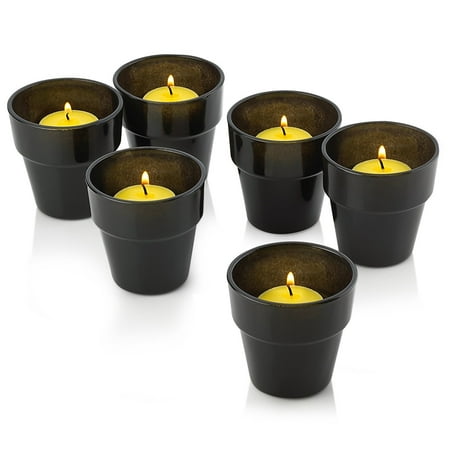 Black Glass Flower Pot Votive Candle Holders With Citronella Yellow Votive Candles Burn 10 Hours Set of 288