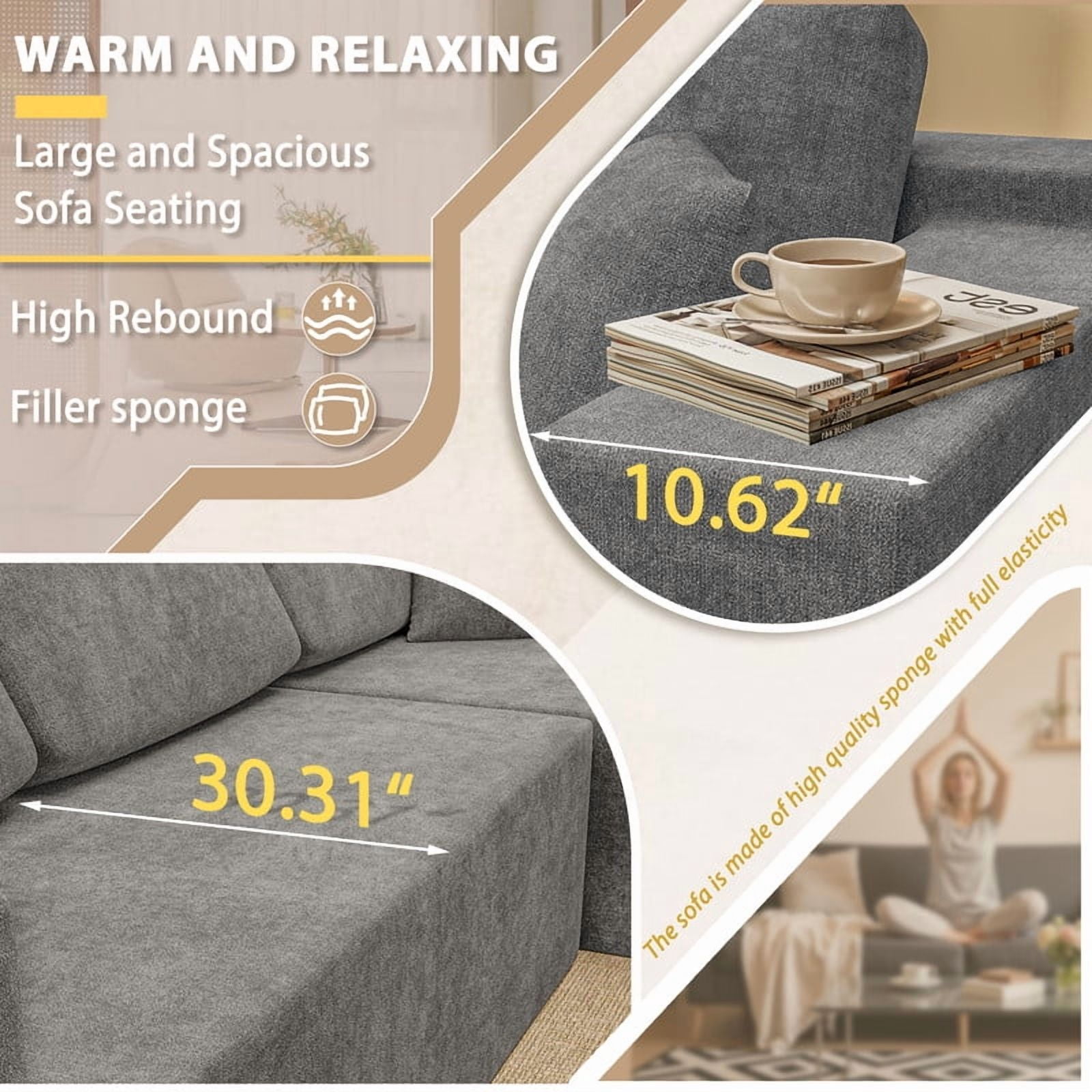Homall 108" Cloud Sectional Sofa, Boneless Couch with L-Shape Chaise, Modular Couch with Deep Seat, No installation for Living Room & Apartment, Chenille Grey