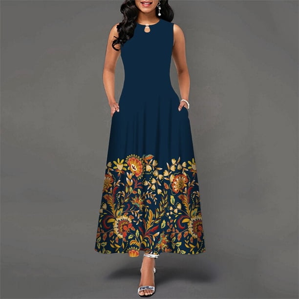 Vestido largo bohemio con estampado Floral para mujer, vestidos elegantes ahuecados, sexys, de cintura alta, sin mangas, para fiesta