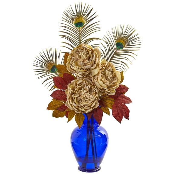 Peony in Blue Vase Artificial Arrangement