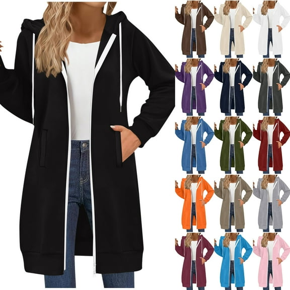 Otntypg Fashion Two-way Full Zip up Hoodies for Women Casual Fall Long Sleeve Drawstring Hooded Trench Coat Loose Oversized Comfy 2025 Jackets Coat with Pockets Beige L