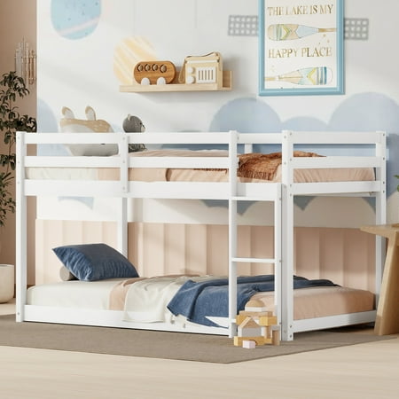 Euroco Twin over Twin Floor Bunk Beds with Ladder and Guardrail for Kids Teens White