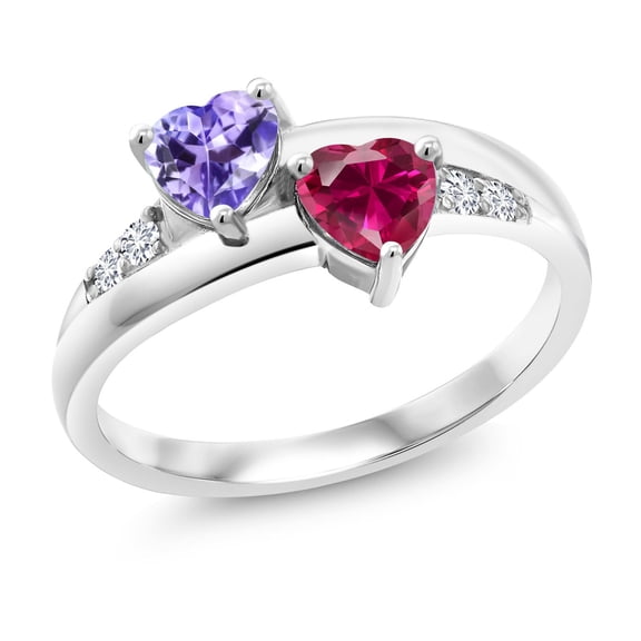 Gem Stone King 1.18 Ct Heart Shape Blue Tanzanite Red Created Ruby 925 Sterling Silver Lab Grown Diamond Ring (Size 5)