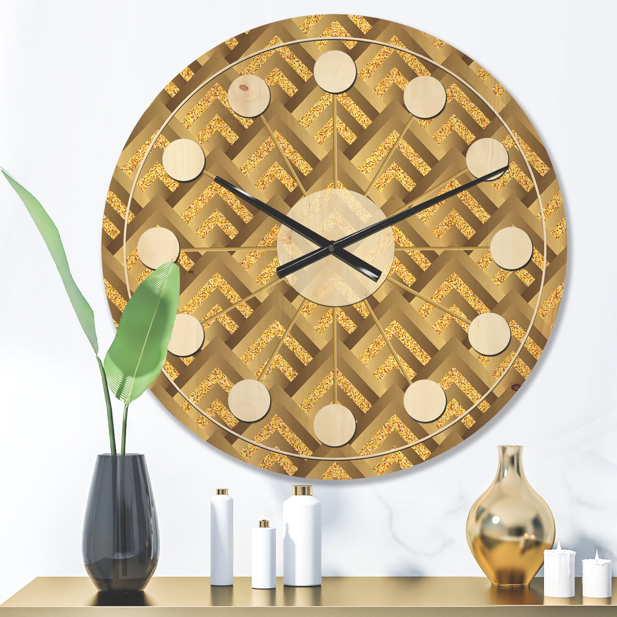 Designart 'Plaid Golden pattern' Mid-Century Modern Wood Wall Clock