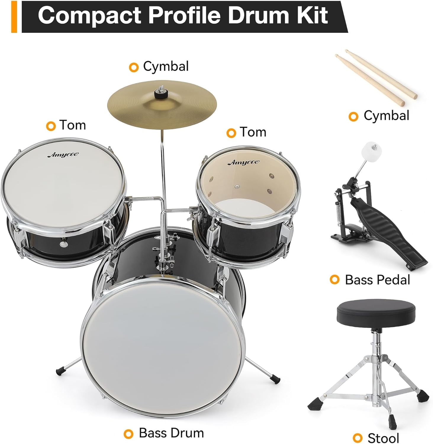 Drum Set, Drum Kit for Beginner With CymbalM, Tom, Bass Drum, Drumsticks, Bass Pedal, With Drum Stool, Metal AD 150, 3Pcs Drum Set, Percussionl Musical Holiday Gift for Boys and Girls,Black