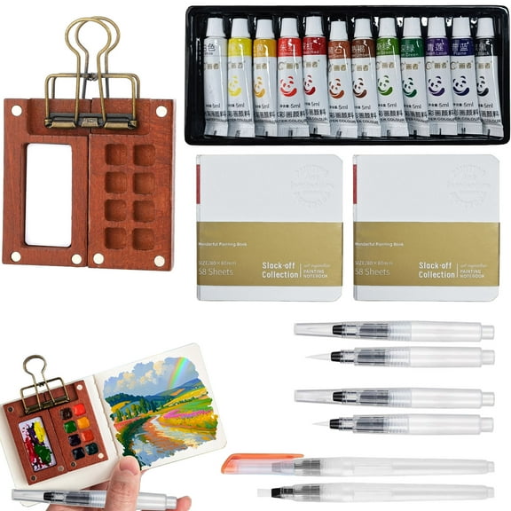 Mini Watercolor Paint Set, with 1 Walnut Wood Palette (8 Grids), 12 Vibrant Paints, 2 Sketch Books, 6 Brush Pens, Mini Watercolor Travel Set for Outdoor Sketching, Urban Sketchers, Artists