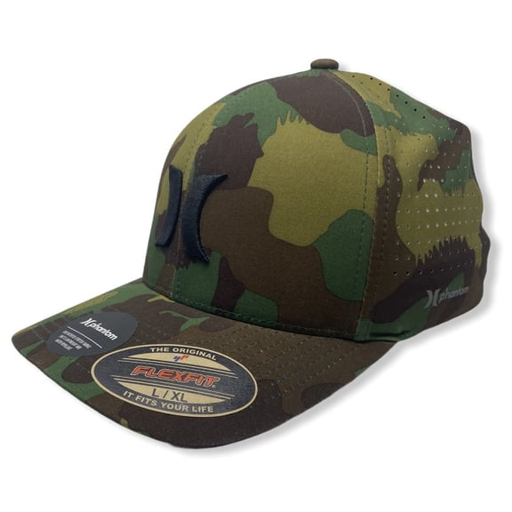 Hurley Men's Dri-FIT Phantom Camo Camouflage Flex Fit Hat Cap (Exclusive Production) (Small/Medium, Green Woodland Camo)