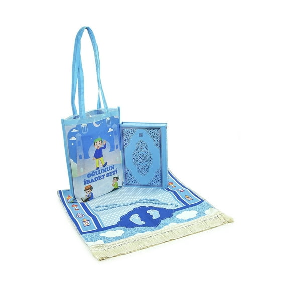 Ihvan Online Kids Prayer Rug With Bag And Beads Beads Tasbih Rosary Travel Islamic Gift Blue Indoor