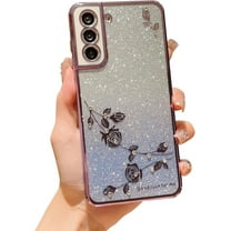 for Samsung Galaxy S21 FE 5G Glitter Clear Case for Women Girls Cute Flower Bling Sparkle S21 FE Case Luxury Plating Full Lens Camera Protection Phone Cover for S21 FE 5G 6.4" (Purple)