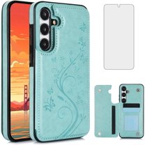 Phone Case for Samsung Galaxy S24 Plus S24  5G with Tempered Glass Screen Protector Card Holder Wallet Cover Stand Flip Leather Cell Accessories S24plus 24S   S 24 24  2024, 6.7 inch Women Men Green