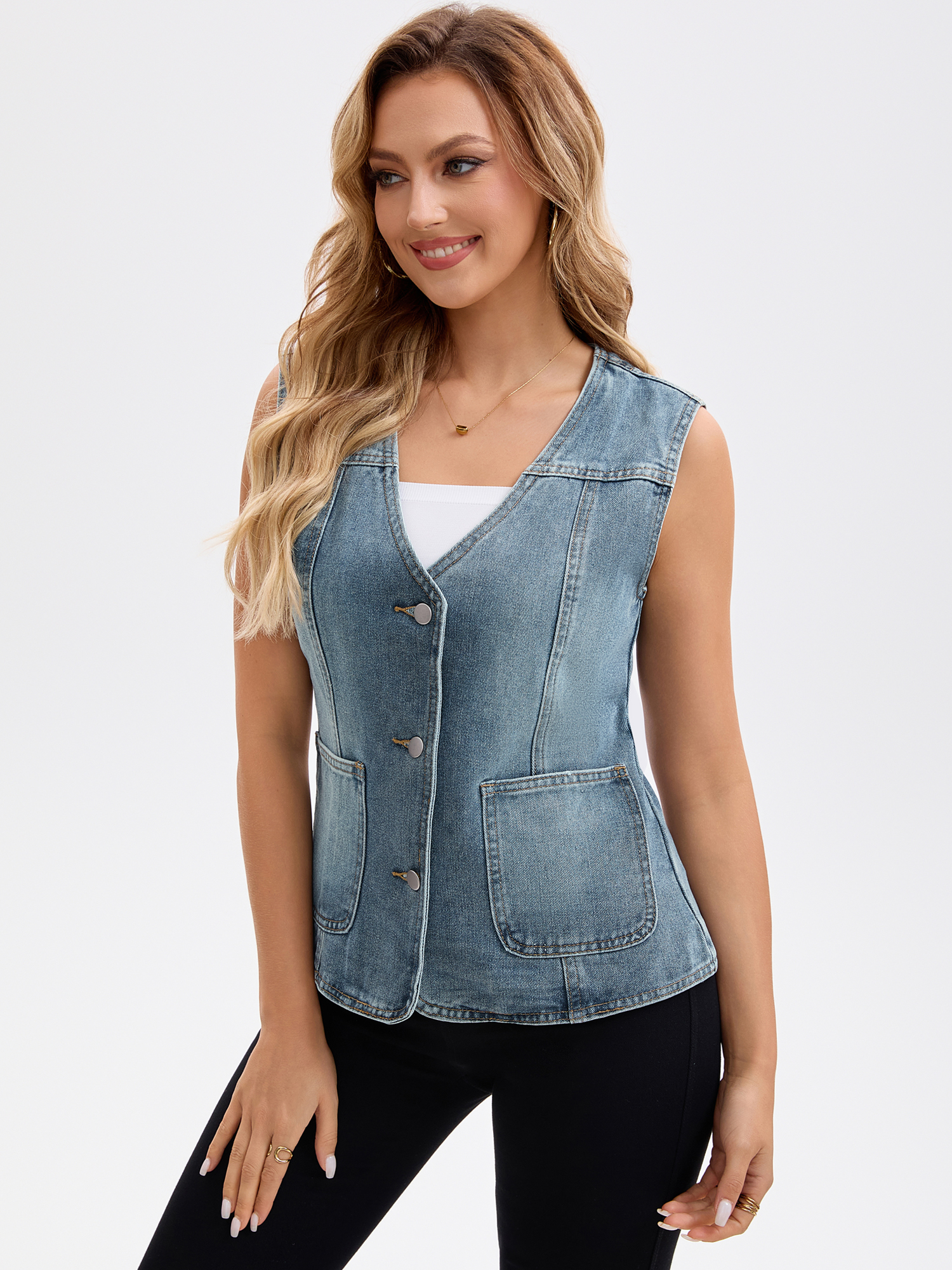 DARING DIVA Women's V Neck Patch Pockets Button Down Sleeveless Jacket M Blue Grey