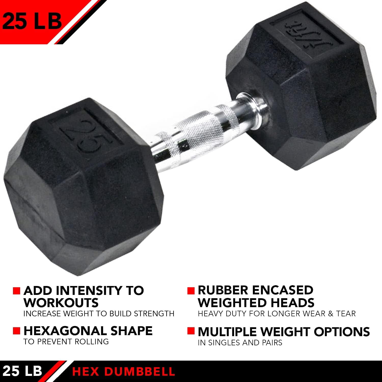 JFIT Rubber Hex Dumbbells - 8 Size Options - Hex Shaped Heads Prevent Rolling and Injury - Ergonomic Hand Weights for Exercise, Muscle, Strength and Weight Training