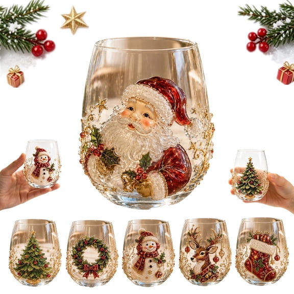 3D Christmas Glass Art Cup, Christmas Cups Glass | Luxury Raised Holiday Glassware Drinking Glass, 3D Christmas Stemless Wine Glasses, Tumbler for Coffee, Tea, Juice, Milk