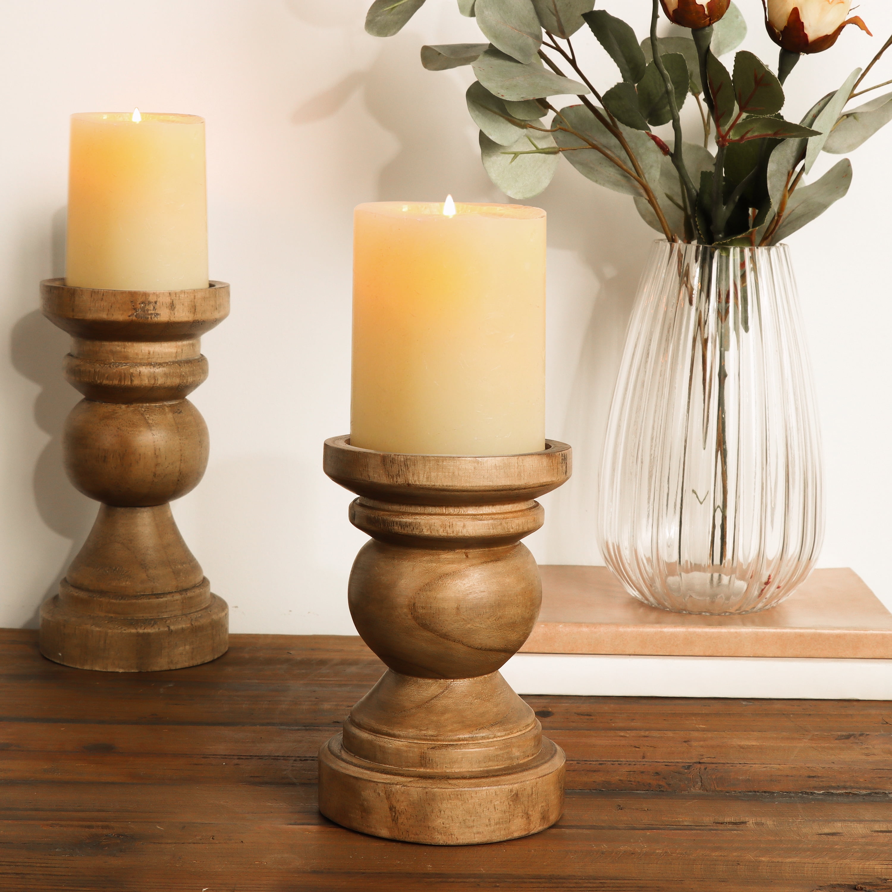 (2 pack) Mainstays 6" Decorative Wood Pillar Candle Holder, Natural